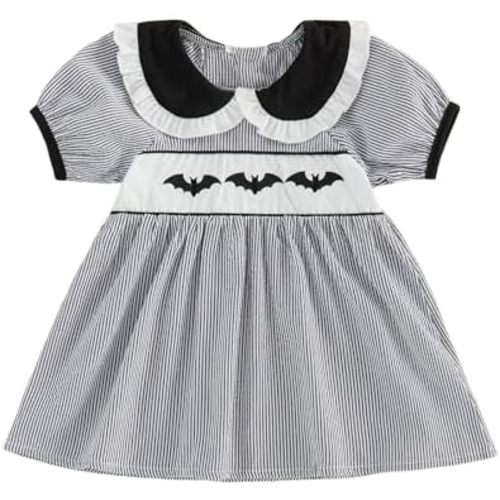 Amiblvowa Toddler Baby Girl Halloween Dress Short Sleeve Peter Pan Collar Striped Dresses Ghost Witch Bat Print Outfit 0-5T
