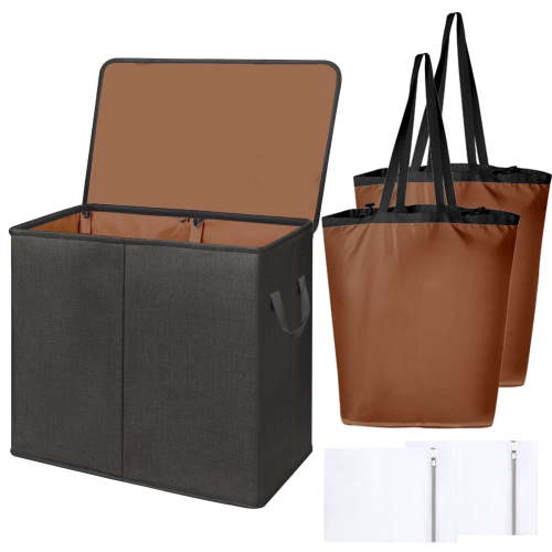 YOUPINS Double Laundry Hamper with Lid and Removable Laundry Bags, Large Collapsible 2 Dividers Dirty Clothes Basket with Handles for Bedroom, Laundry Room, Closet, Bathroom, College, Black