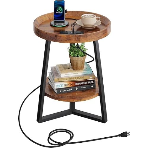 WLIVE Round End Table with Charging Station, Small Round Coffee Table, 2 Tier Side Table for Living Room/Bedroom, Sofa Couch, Wood Tabletop & Metal Frame, Rustic Brown