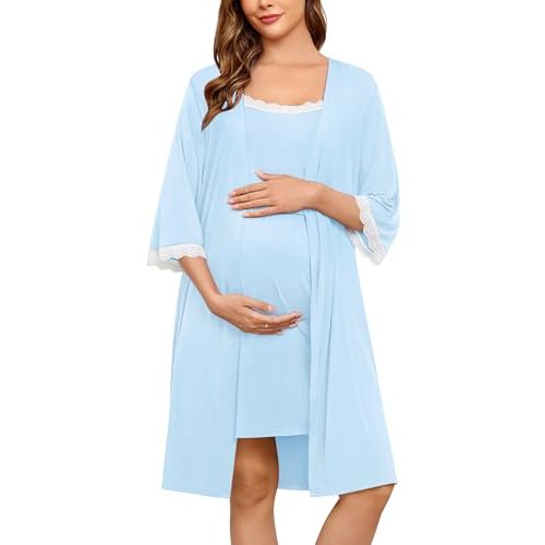 SWOMOG Lace Maternity Nursing Gown and Robe Set Double Layer Labor Delivery Nursing Hospital Nightgowns for Breastfeeding