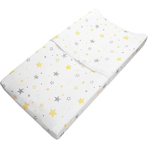 American Baby Company Printed 100% Cotton Knit Fitted Contoured Changing Table Pad Cover - Compatible with Mika Micky Bassinet, Golden Yellow Stars, for Boys and Girls