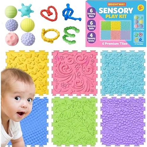 Brightway Sensory Mats Play Kit | Tiles for Floor or Wall Panel | 12" x 12" Pads, Toys & Balls for Kids with Autism | Classroom Must Haves for Toddlers & Children