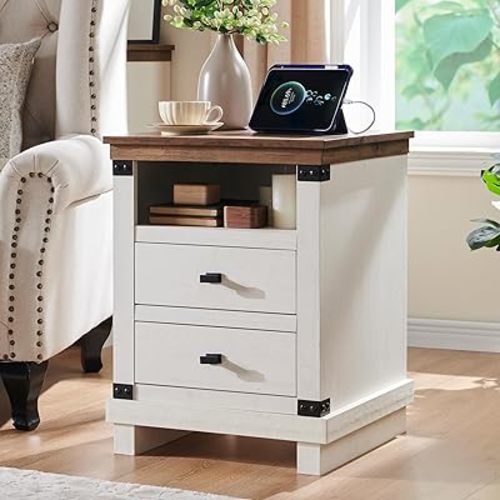RedLemon Farmhouse Nightstand with Charging Station, 18" Rustic Night Stand with 2 Storage Drawers, Wood End Table for Bedroom, Living Room, Antique White