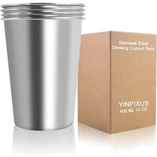 4 Pcs Stainless Steel Cups, 14 oz Reusable Metal Drinking Glasses Tumblers
