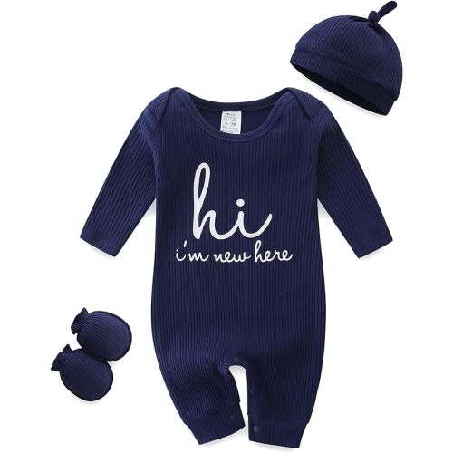 Baby Romper with Baby Mittens & Newborn Hats Footless Long Sleeve Solid Onesie Hi Im New Here