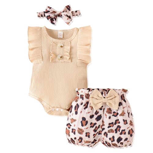 LUNFEGO Newborn Baby Girl Clothes Outfits Ruffle Romper and Short Pant Sets with Headband Infant Bodysuits