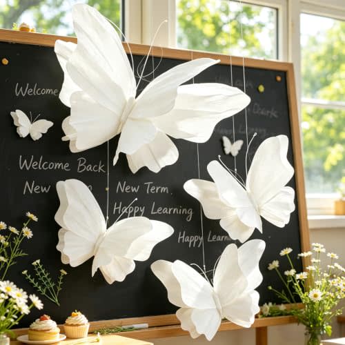 SUNBEAUTY 3D Hanging Butterfly Decorations, White Large Butterfly Birthday Party Decorations, Giant Paper Butterflies Hanging Decor for Girls Women Birthday Wedding Wall Decor Flower Garden Party