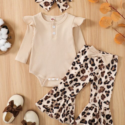 Infant Baby Girls Autumn Jumpsuit, Solid Color Ribbed Fly Sleeve Round Neck Romper + Leopard/Cow Flare Pants, Perfect for Outdoor
