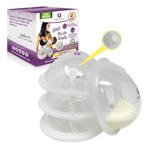 Breast Shell & Milk Catcher for Breastfeeding Relief (2 in 1) Protect Cracked, Sore, Engorged Nipples & Collect Breast Milk Leaks - With PLUGS (4 Pack)