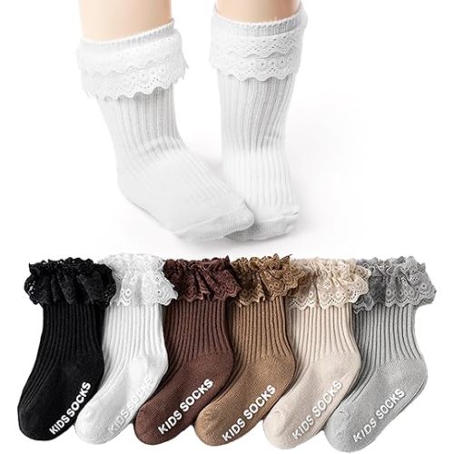 6 Pairs Baby Girl Ruffle Socks, Cute Non Slip Grip Socks for Toddler Infant Newborn Babies Kids Princess, Indoor Soft Cotton Lace Frilly Socks, 0-12 Months