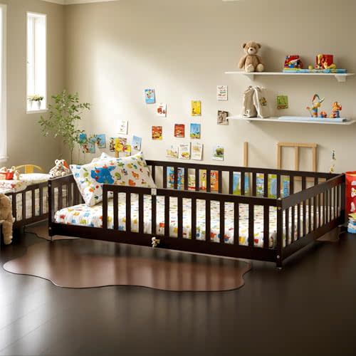PVWIIK Full Size Floor Bed with Fence and Door,Rubber Wood Floor Bed w/Safety Guardrails/Near The Ground,Easy to Assemble & No Box Spring Needed, Espresso