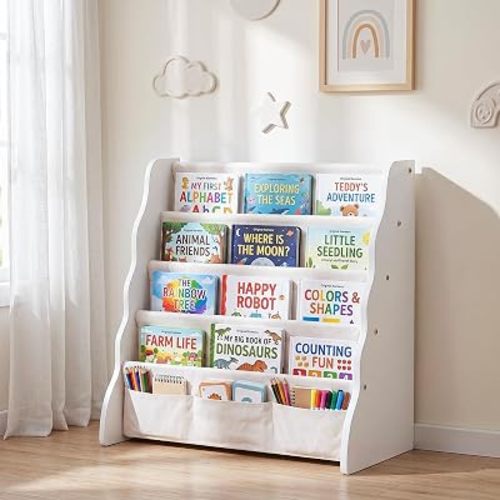COSYLAND Kids Bookshelf Fabric bookcase - 4-Tier Wooden Sling Book Rack - Kids Room Book Shelves Storage Organizer for Nursery, Playroom & Classroom, Book cases Display Shelf for Toddlers 63cm Natural