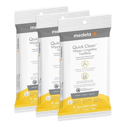Medela Quick Clean Wipes for On-The-Go Cleaning of Breast Pumps, Accessories, and Various Surfaces, Resealable, Plant-Based, 3 Packs of 30 (90 Count)