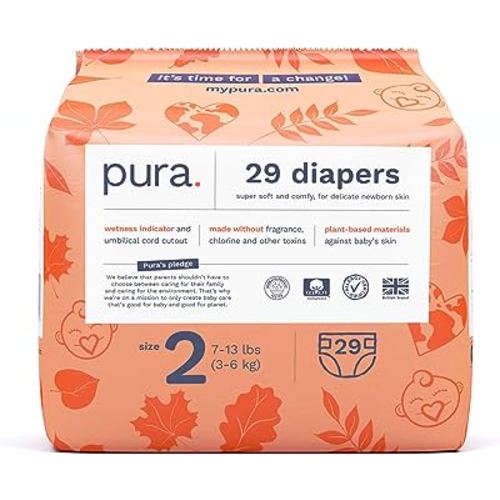 Pura Size 2 Eco-Friendly Diapers (7-13 lbs) TCF, Hypoallergenic, Soft Organic Cotton Comfort, Sustainable, Wetness Indictor. Allergy UK, Paper Packaging. 1 Pack of 29
