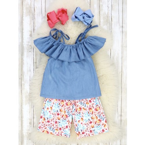 Denim Off Shoulder Tie Strap Top & Floral Capri Outfit – Marie Nicole Clothing