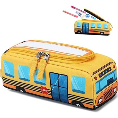LEDAOU Cute Pencil Case for Kids Girls Boys Pencil Pouch kawaii Pen Pencil Box Bag Holder for School Students (Yellow School Bus)