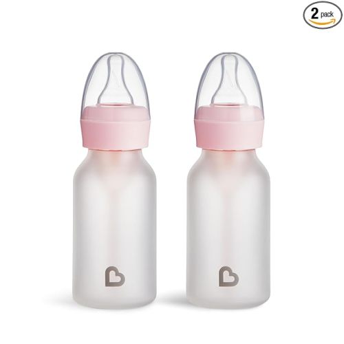 Munchkin Bond Silicone Coated Glass Baby Bottles - Anti-Colic Feeding System with Natural Feel Nipples, 4 Ounce, 2 Pack, Pink