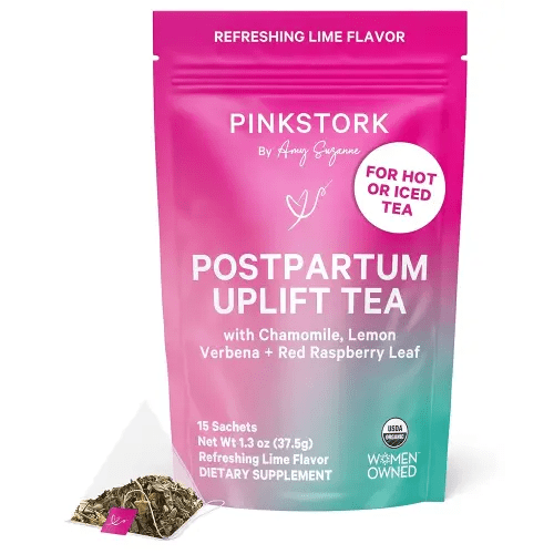 Pink Stork Postpartum Uplift Mood Support Tea: Hormone Balance for Women After Pregnancy, Chamomile Tea with Red Raspberry Leaf for Postpartum Recovery - Caffeine-Free, Hot or Iced, 15 Sachets
