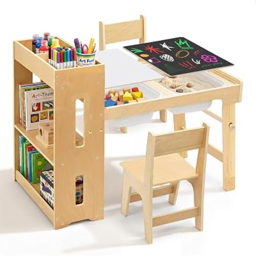 6 in 1 Kids Art Table and Chairs, Sensory Table and 2 Chairs Height Adjustable, Graffiti Tabletop Toddler Activity Table with Storage Cabinet & Bins, Kids Art Desk with Paper Roll Ages 2-8 Gift