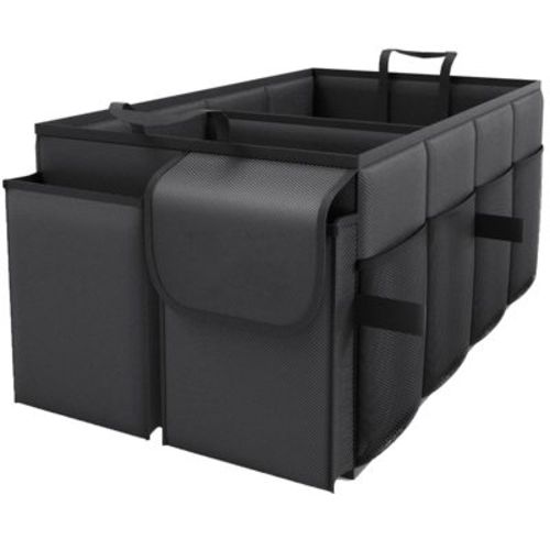 Itopfox Foldable Car Trunk Organizer with 2 Compartments & 6 Mesh Pockets, Sturdy SUV & Sedan Storage for Tools, Groceries, Sports Gear, Black