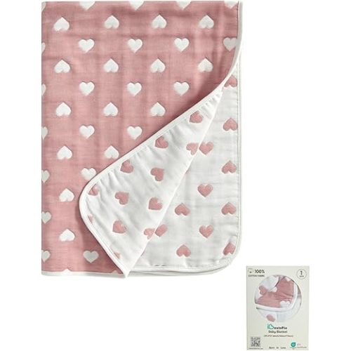 6 Layer 100% Cotton Jacquard Baby Blanket, Soft & Breathable Nursery Bed Blanket, 39 x 27 Inches, Lightweight All-Season Crib & Stroller Blanket for Boys & Girls (Ivory Heart Pattern)