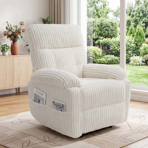 INNOVAR Recliner Sofa for Adults, Zero Gravity Power Reclining Chair, Oversized Electric Recliners Elderly Chair W/Storage Pockets for Home Living Room,Corduroy,White