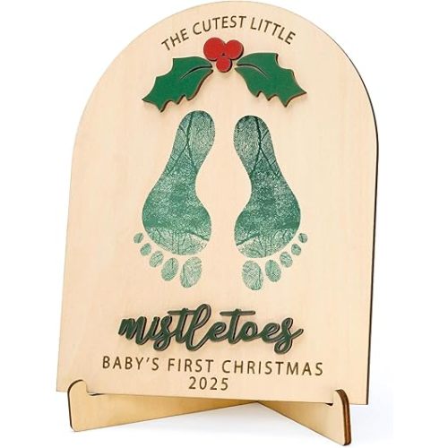 Baby’s First Christmas 2025 Wooden Mistletoes Footprint & Handprint Art, DIY Baby Craft Keepsake, Rustic Christmas Milestone Card, Grandparents Gifts, Baby Shower or Newborn Photoshoot Prop