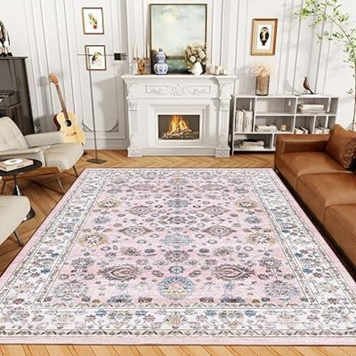 Pink Area Rugs 5x7, Soft Nursery Rug, Machine Washable Area Rugs for Girls' Bedroom, Low-Pile Vintage Floral Boho Rug for Living Room, Playroom, Home Office Bedside Decor