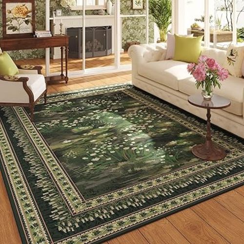 Rugcomf 5x7 Area Rugs Impressionist-Style Vintage Washable Area Rug Non Slip Low Pile Large Rugs for Living Room Bedroom Farmhouse Dining Room Kids Playroom, Green