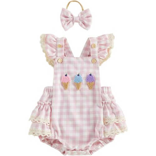 Yuemengxuan Newborn Baby Girl Summer Outfit Cute Embroidery Flying Sleeve Plaid Romper Smocked Bodysuit