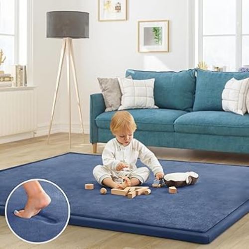Baby Play Mat for Floor Tummy Time Mat Nursery Rug Muscle Mat Area Rug Playroom Rug Tatami Mat 4'11x3'28" Memory Foam 1.3" Thick Crawling Mat for Babies,Toddlers, Infants, Kids,Floor Mat(Blue)