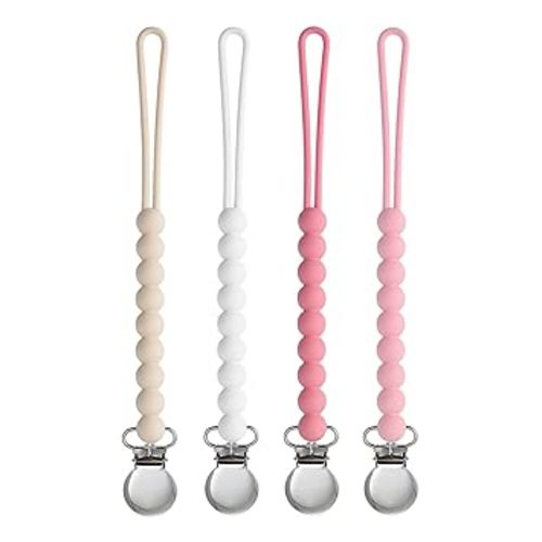 Pacifier Clip for Boys Girls - MORIBOX 4 Pack Paci Clip Soothie Baby Binky Holder for Shower Gift Birthday (Beige+White+Pink+Dpink)