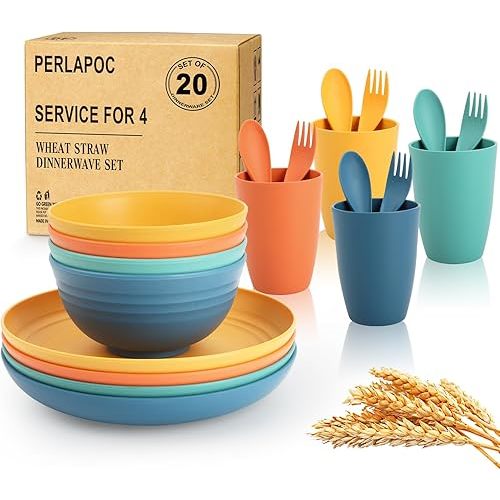Wheat Straw Dinnerware Sets, 20 PCS Service for 4, Dishwasher & Microwave Safe Kids Plates and Bowls Sets, Unbreakable Lightweight Outdoor Camping Dishes - Multicolor