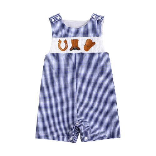 larppty Toddler Western Baby Boy Clothes Horse Riding Embroidery Smocked Jumpsuit Sleeveless Romper Spring Summer Outfit（Blue， 6-12 Months）