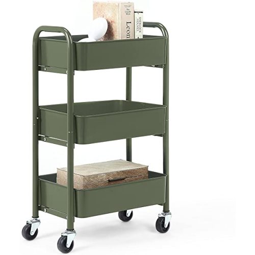 SunnyPoint 3-Tier Delicate Compact Rolling Metal Storage Organizer - Mobile Utility Cart Kitchen/Under Desk Cart with Caster Wheels - Army (15.35" X 10.24" X 26.8"H)