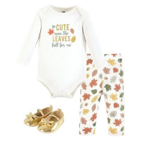 Hudson Baby Infant Girls Cotton Bodysuit, Pant and Shoe Set, Cute Leaves, 0-3 Months
