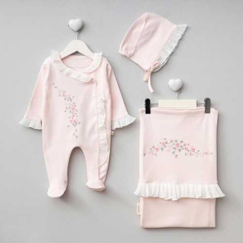 Embroidered Baby Girl Outfit Set: Cotton Romper, Bonnet, Blanket Newborn Set