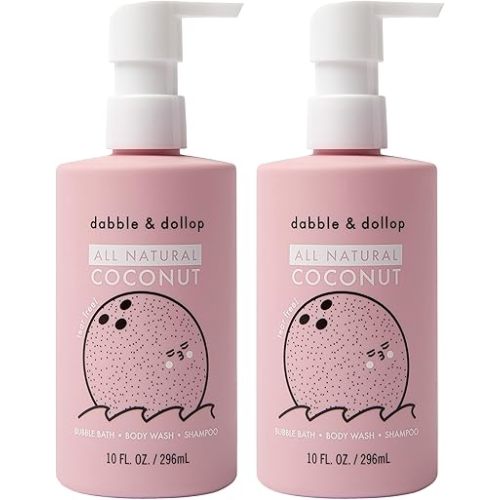 Dabble & Dollop Coconut Body Wash & Shampoo – 3-in-1 Natural Bubble Bath for Kids, No Parabens or Sulfates, Vegan, Gluten-Free, Tear-Free (10oz, Pack of 2)
