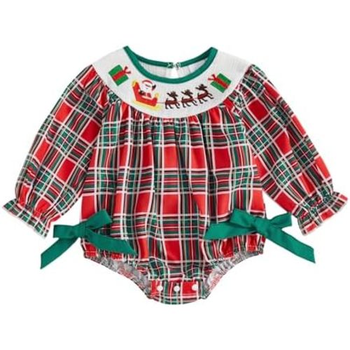 Newborn Infant Baby Girl Christmas Outfit Embroidery Long Sleeve Smocked Bubble Romper Ruffle Bodysuit