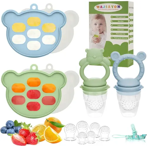Baby Breastmilk Popsicle Molds & Baby Fruit Feeder (6 Pack), WAJIAYON Baby Food Freezer Tray Storage Containers, Silicone Teething Pacifier Feeder and Teether for Babies,Moss and Fawn Baby Feeder