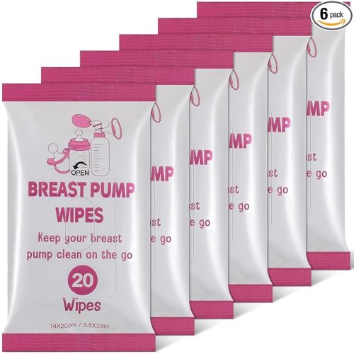 Threlaco 6 Pack 120 Count Breast Pump Wipes Quick Clean and Irritant Free Resealable Convenient Breast Pump Cleaning Wipes Hygienic Breastfeeding Supplies(Pink)
