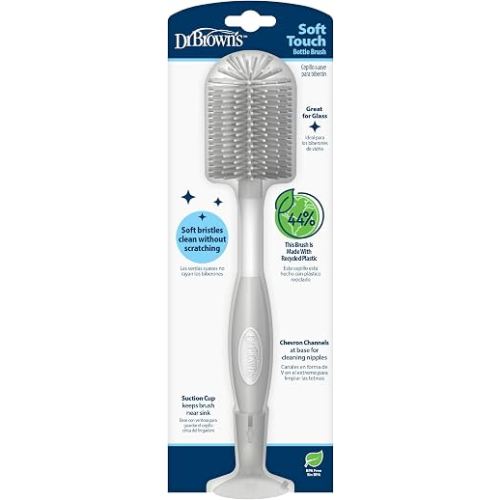 Dr. Brown's Soft Touch No Scratch Baby Bottle Cleaning Brush, Nipple Cleaner & Suction Cup Base for Easy Storage, BPA Free, Gray (Pack of 1)