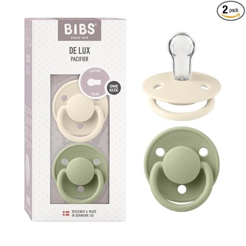 BIBS Pacifiers - De Lux Collection | BPA-Free Round Nipple | Silicone | Made in Denmark | Set of 2 Ivory/Sage Color Premium Soothers | Size One Size