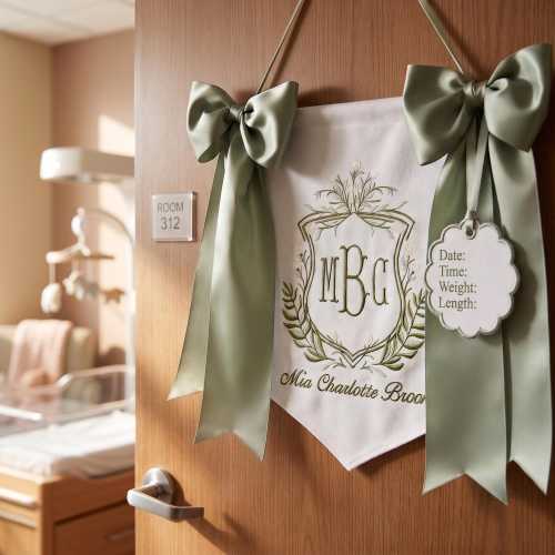Embroidered Newborn Baby Name Banner, Custom Birth Announcement Sign, Hospital Door Decor, Custom Birth Stats Sign, Baby Photo Prop