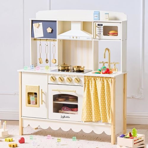 Amazon.com: JoyBubbla Wooden Play Kitchen for Toddlers, Modern Kids Kitchen Playset with Realistic Lights & Sounds, Toy Kitchen Set with 25 Pcs Accessories, Pretend Play for Girls & Boys Ages 3+, Cream White : Toys & Games