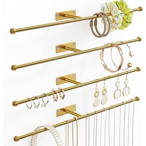 Wall Hanging Jewelry Organizer: 12.6'' Necklace Holder for Earring, Bracelet, Rings, Hairband, Glasses, Gold 4-Pack, Screws Included