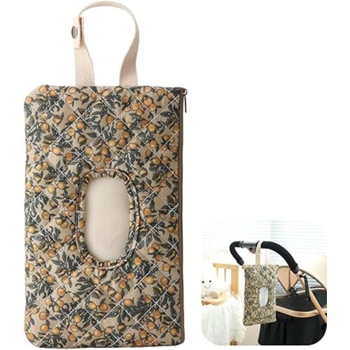 Baby Wipe Holder Diaper Caddy Pouch - Floral Quilted Portable Travel Organizer for Strollers, Diaper Bags & Daily Essentials | Compact Reusable Wipes Case (Brown)