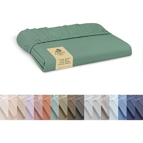Linen Home 100% Cotton Percale Weave Fitted Sheet, Twin Size, Frosty Green, 1 Deep Pocket Fitted Sheet, Fits Mattress Upto 16" Crisp and Cool Strong Bed Linen, 39"X75"+15"