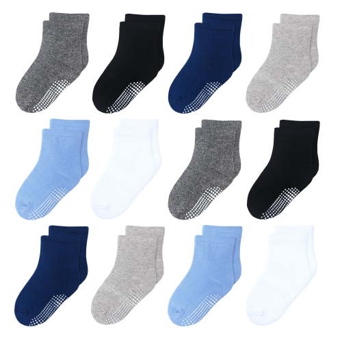 12 Pack Non Slip Kids Toddler Baby Socks with Grips for 1-7 Years Boys Girls Cotton Crew Socks Multi Colors