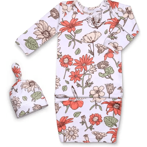 MVUOCR Newborn Baby Girl Sleeper Gown, Soft Breathable Newborn Sleepers with Bottom Fold-Over Pouch & Mittens,Long Sleeve Infant Sleepwear with Hat,Babys Gifts Essential Outfit Orange Flower
